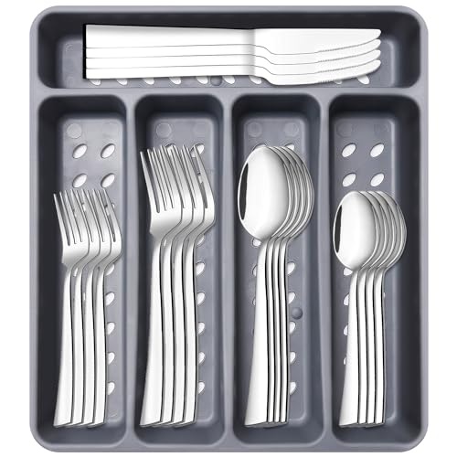 Image of 21-Piece Modern Stainless Steel Silverware Sets with Organizer Tray Silver Tableware Cutlery Set Fork Spoon and Knife Flatware Sets Heavy Duty Eating Kitchen Utensil Set Service for 4, Dishwasher Safe