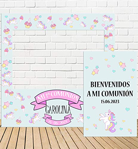 Tu Fiesta Mola Mazo Photocall y Cartel de Comunión Niña Unicornio 100x100cm | Detalles Comunión | Photocall Económico y Original | Divertidas Fotos con Nuestro photocall de comunión para niñas