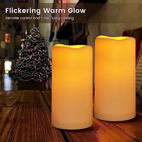 Image of Large Outdoor Waterproof Flameless Candles with Remote Control,D3'' x H5.5'' Battery Operated Flickering LED Pillar Candle Plastic for Outdoor /Indoor Decoration Wedding, Party, Birthday (2PACK)