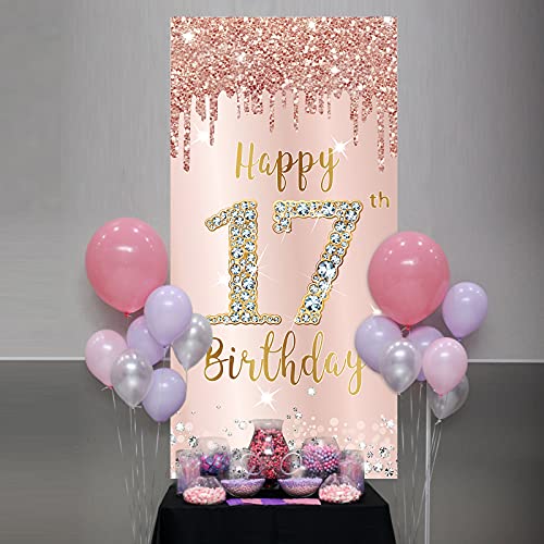 Image of Happy 17th Birthday Door Banner Decorations for Girls, Pink Rose Gold 17 Birthday Door Cover Backdrop Party Supplies, Large Seventeen Year Old Birthday Poster Sign Decor