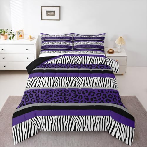 Image of Feelyou Leopard Print Comforter Set Toddler Size Zebra Stripes Bedding Set for Kids Boys Girls Teens Purple Black White Zebra Leopard Fur Comforter Safari Animal Hair Duvet Set Room Decor Quilt