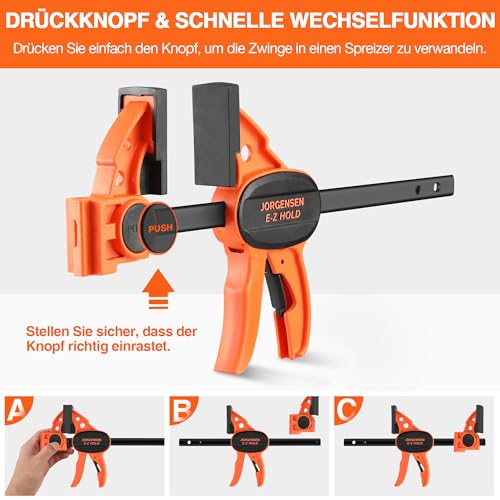 JORGENSEN Einhandzwingen 4 Stück, Profi Schraubzwingen Set 2 in 1 kombinierbar zum Spannen Dehnen, Spannweite 150/420mm, Spannkraft 68kg für stabiles Fixieren von Holz Möbel mit einer Hand