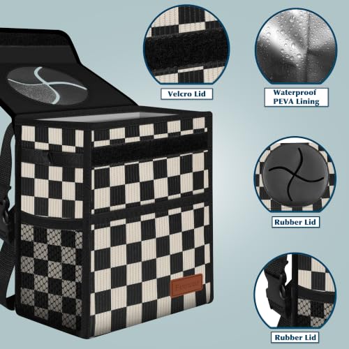 Image of Femuar Leak Proof Car Trash Can with Lid, Collapsible Hanging Waterproof Car Trash Bag with Mesh Pocket for SUV Front Seat Headrest, Black White Plaid