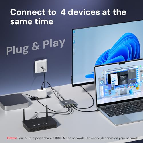 Image of Ethernet Splitter 1 to 4 1000Mbps, Dockteck Internet Cable Splitter 1 in 4 Out High Speed Switch Network Gigabit for LAN RJ45 Port Router Switch Work with Cat5 /5e /6 /7 /8 Cable (Silver Grey)