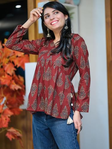 Image of Youthnic Women's Poly Rayon Printed Alia Cut Peplum Top | Top for Office | Women's Tunics | Short Kurti Women| Regular Fit