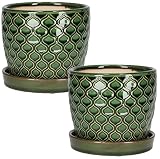 KOTARBAU® 2er Set Keramik Blumentopf Übertopf für Pflanzen ⌀ 12 cm Grün Vintage mit Tropfschale Fischschuppenmuster