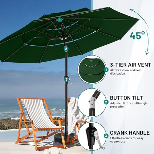 Image of AreShark 9ft 3-Tier Patio Umbrellas, Outdoor Umbrella with 8 Sturdy Ribs UV Protection Windproof, Market Table Umbrella w /Push Button Tilt & Crank for Pool, Porch, Deck, Garden(Dark Green)