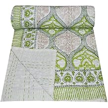 YUVANCRAFTS Indian Hand Block Floral Print Kantha Quilt Handmade Vintage Queen Size Cotton Kantha Throw Blanket Bedspread Green, Twin Size