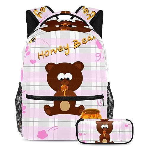 Sac à dos multicolore Honey Bear grand volume avec sa trousse à crayons coordonnée