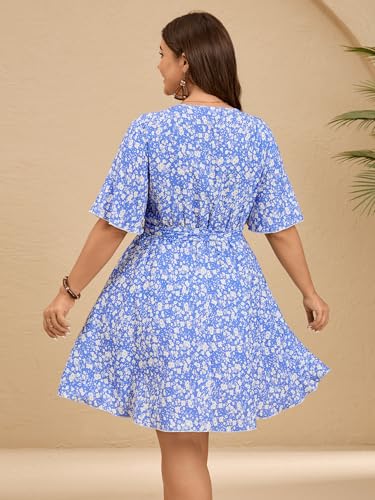 Image of SCOMCHIC Women's Plus Size Summer Dresses Short Sleeve Wrap V Neck A Line Skater Mini Short Dress XL-4XL
