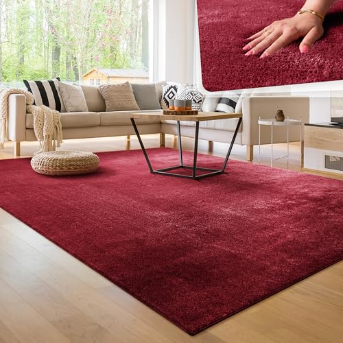 Paco Home Moderner Kuscheliger Wohnzimmer Teppich Kurzflor waschbar flauschig Weich Einfarbig Felloptik zeitlos stilvoll rutschfest pflegeleicht, Grösse:200x280 cm, Farbe:Rot