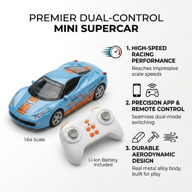Image of Mini RC Car 1:64 Scale Remote Control Car for Kids, App Controlled Electric Racing Toy with LED Lights, Rechargeable Battery, 2.4GHz Control System, Birthday Gift for Boys & Girls (Blue)