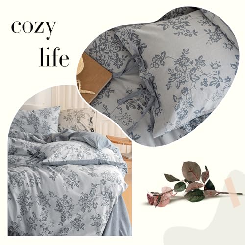 VM VOUGEMARKET Linen Duvet Cover Queen Monet Style Floral Duvet Cover Set,Jacquard Textured Comforter Cover 90"x90" with 2 Pillowcases,Navy Blue