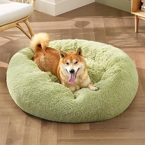 Image of Bedsure Calming Dog Bed Medium Size Dog Donut Washable Pet Bed,30ins Green | Fluffy Faux Fur Round Cuddler,Machine Washable,Anti-Slip Bottom,Anti-Anxiety,Deep Sleeping for Pets Up to 45 Lbs