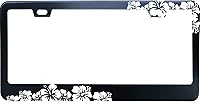 Vista 1 de Marco de matrícula de hibisco de Hawái con flores de malva aloha, marco de matrícula de acero inoxidable mate negro con 2 tapas de tornillo