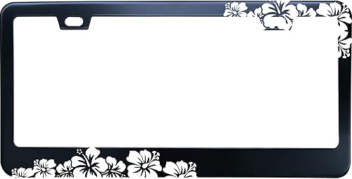 XYCustomBest Marco de matrícula de hibisco de Hawái con flores de malva aloha, marco de matrícula de acero inoxidable mate negro con 2 tapas de