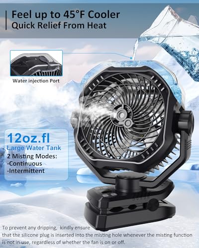 Image of Portable Rechargeable Misting Fan with 12oz Mist, Battery Life Display, Remote, Timer, Light, 5 Speeds, 9-Inch, 10000mAh 60H Battery Powered Clip Fan for Stroller, Travel, Outdoor, Poweroutage