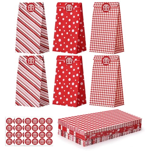 woric 36 Pack Valentines Day Gift Bags, 3 Styles Valentine Treat Bags with Stickers Red Paper Valentines Day Goodie Bag for Kids Classroom Party Favor