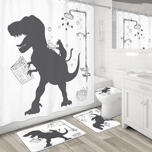 Image of 4PCS Dinosaur 71Wx71H Inches Funny Cute Kids Boys Animal Shower Curtain Sets with Rugs, Toilet Lid Cover and Bath Mat, Silhouette Shadow Bath Accessories Art Home Decor Fabric 12 Pack Hooks