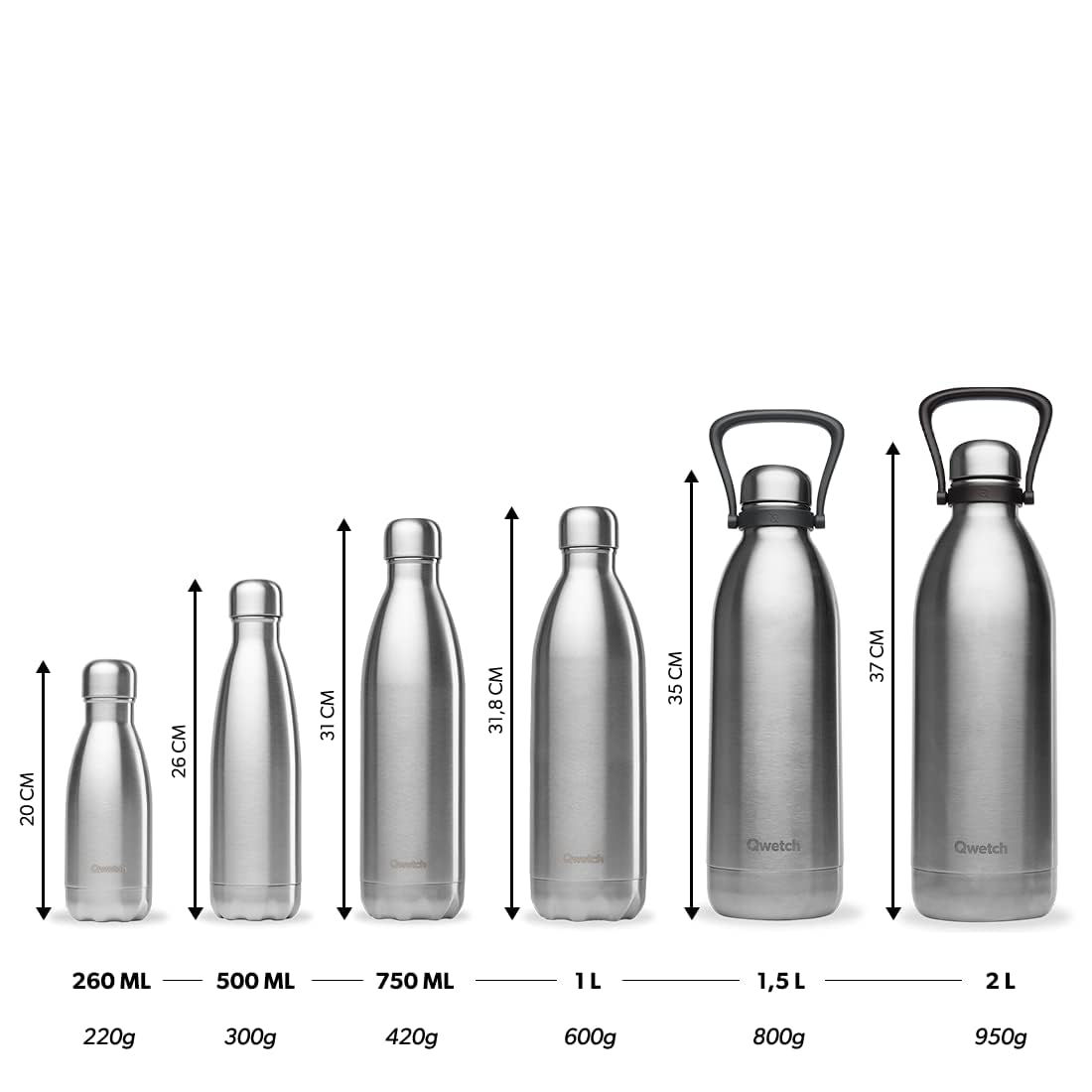 Qwetch - Borraccia Termica 2L in Acciaio Inox Spazzolato - 48h Freddo, 16h Caldo - Impermeabile, Senza BPA & Riutilizzabile - Bottiglia Termica con Manico per Sport, Trekking, Ufficio, Famiglia