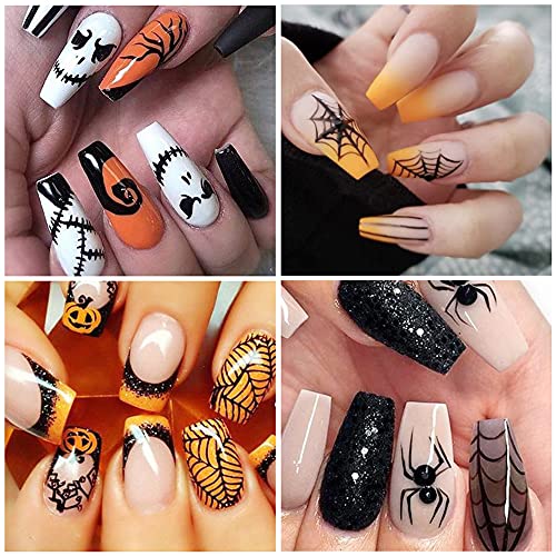 Halloween Nail Stickers, 3D Self-Adhesive Black Gold Horror Nail Art Decals Pumpkin Spider Bat Ghost Witch Skull Metallic Halloween Nail Design Diy Nail Decoration For Halloween Festival Party (12Sheets) #TOP1