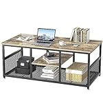 VECELO Coffee Center Table with Storage for Living Room Office Reception, Industrial Mesh Shelf, 39.4 Inch, Grey