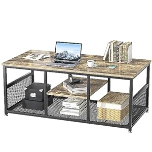 VECELO Coffee Center Table with Storage for Living Room Office Reception, Industrial Mesh Shelf, 39.4 Inch, Grey