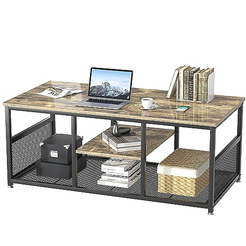 VECELO Coffee Center Table with Storage for Living Room Office Reception, Industrial Mesh Shelf, 39.4 Inch, Grey