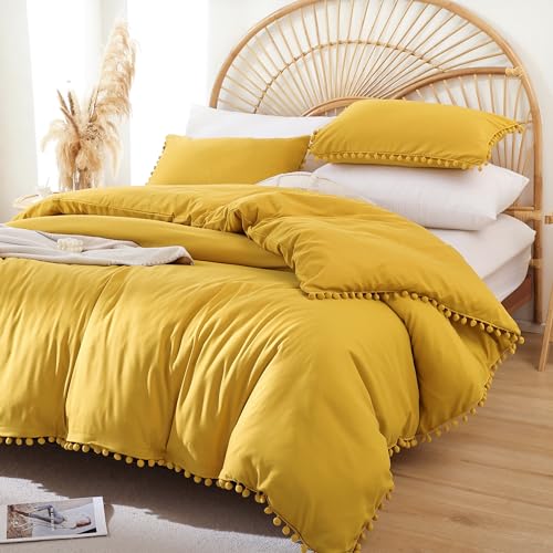 YIRDDEO Full Size Comforter Sets - Full Size Comforter with Ball Pom Fringe, Soft Bedding Set for All Seasons - 3 Pieces, 1 Comforter (79"x90") & 2 Pillow Shams(20"x26"), Mustard Yellow