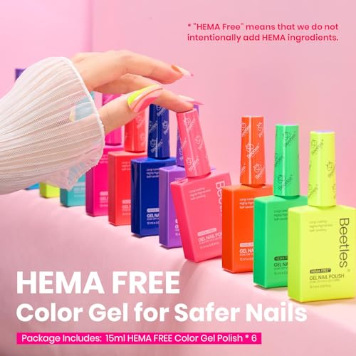 Image of Beetles Neon Gel Nail Polish - Tropical Mood, HEMA-Free 6 Colors Summer Gel Nail Polish Set, 15ML Hot Pink Yellow Blue Purple Green Orange, Soak Off UV LED Rainbow Bright Summer Nails Art Holiday