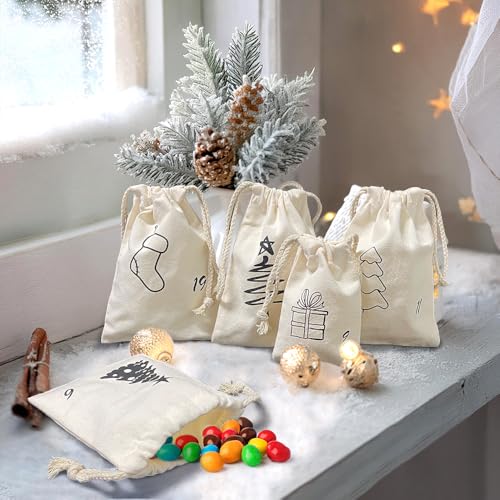Adventskalender Zum Befüllen Kinder, 24 Adventskalender Säckchen Selber Befüllen Stoff, 3 Größen Leinen Adventssäckchen Mit Holzklammern, DIY Jutesäckchen Weihnachtskalender Beutel Wiederverwendba
