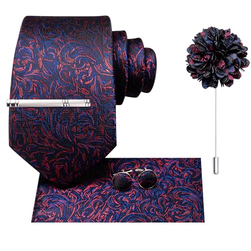 Image of Hi-Tie Black Red Blue Jacquard Neckties for Men Classic Woven Tie and Pocket Square Lapel Pin Silver Tie Clip Cufflinks Set Wedding Business 6PCS