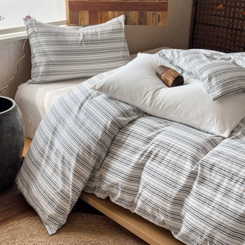 Image of EAVD Retro Grey White Striped Duvet Cover Queen Soft 100% Washed Cotton Reversible Striped Bedding Set with 2 Pillowcases Farmhouse Geometric Pattern Duvet Cover with Zipper Closure