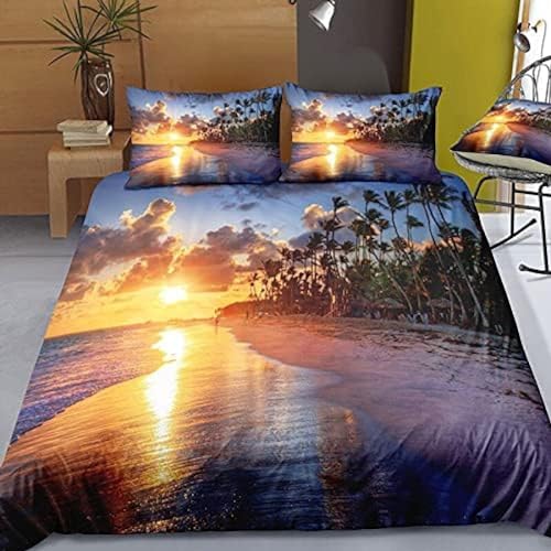 SELIDO Housse de Couette 160x200 Vue sur la Mer Parures de Lit Coucher de Soleil Paysage 2 Personnes Literie Microfibre Imprimé 3D 2 Taies d'oreiller avec...
