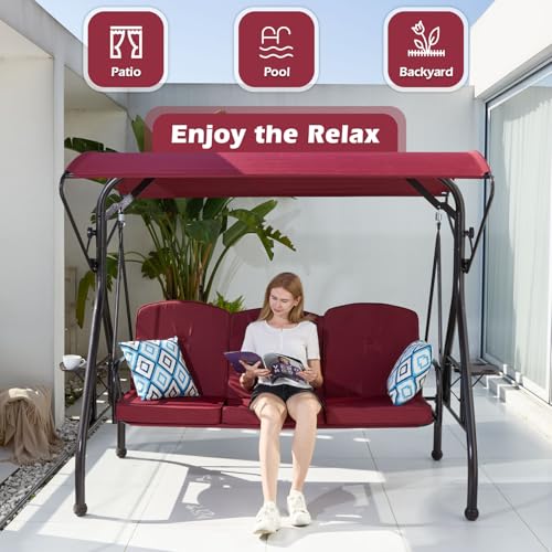 Image of ZZW 800LBS Patio Swing with Canopy 3 Seat Outdoor Porch Swing with Stand w /Cup Holder & Pillow Glider Chair Swing Bed for Patio Backyard Poolside (Red)