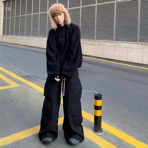 Ro Style Wide Leg Drawstring Black Cargo Pants Unisex Straight Baggy Overalls Men's Streetwear Loose Trousers3