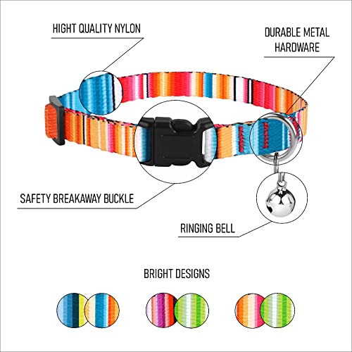 Image of BRONZEDOG Tribal Breakaway Cat Collar with Bell 2 PCS Aztec Pattern Safety Collars for Cats Kitten (Aztec Sunrize /Southwest Lime Green)