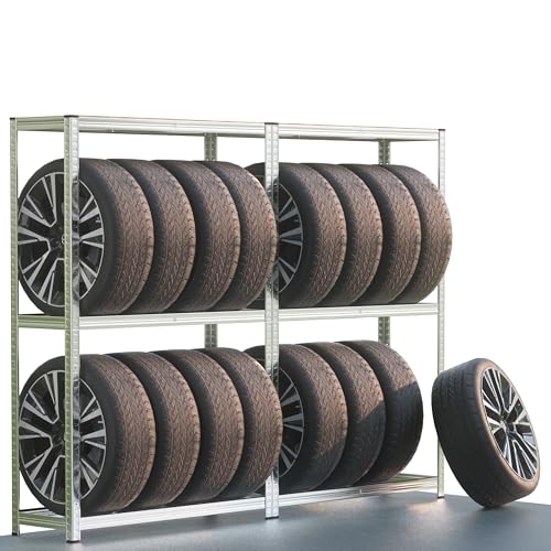 MONZANA® Set of 2 Tyre Racks | Space for 8 Tyres | 795 KG Load Capacity | Height-Adjustable | Rubber Floor Protection | MDF | Heavy Duty Storage Shelf | Workshop | Garage | Shed