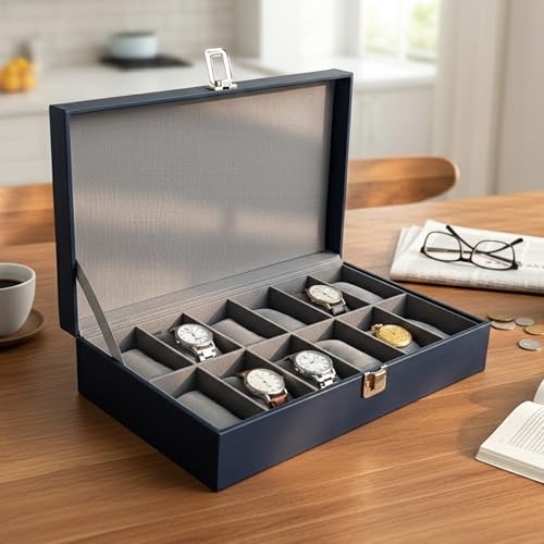 Image of MDF Unisex Faux Leather Watch Organiser Box with 12 Slots | Color: Blue