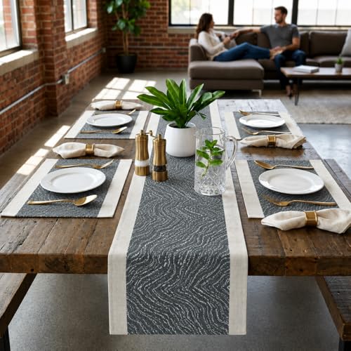 Image of YELONA Placemats and Table Runner Set - Heat Resistant, Non-Slip & Washable PVC Vinyl Dining Table Mats - Anchor Grey (6 Placemats: 45x30 cm, 1 Runner: 180x30 cm)