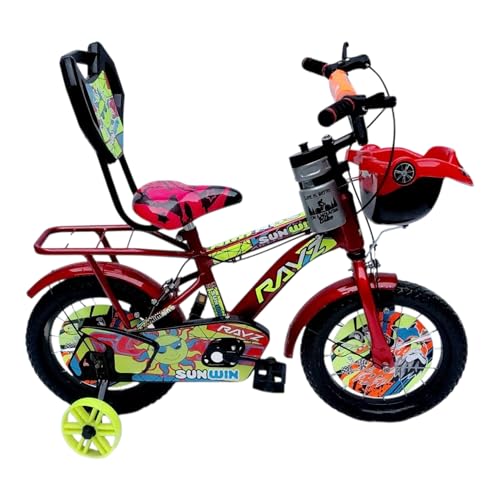 Image of Rayz 14 Inch Kids Bicycle for 2-5 Years Boys & Girls with Training Wheels, Car Basket, Backrest, Water Bottle, Tubeless Tyres & Steel Mudguard - Red