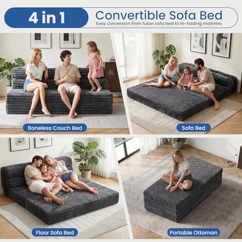 Image of Erament Tri-Fold Futon Sofa Bed, 6 Inch Foldable Floor Couch, High-Density Foam Convertible Sleeper Sofa with Removable Washable Corduroy Cover, Portable Floor Mattress for Living Room
