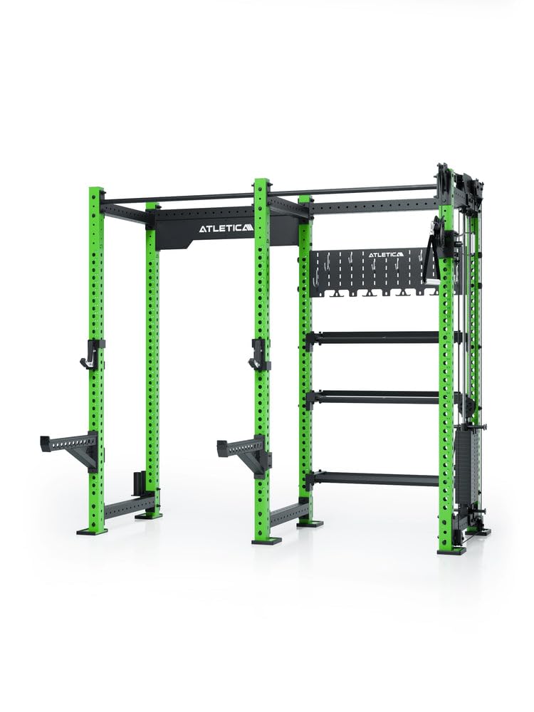 ATLETICA R8 Falcon R | Electric Green | Kompaktowy stojak Power Rack z linką | blok obciążeniowy 95 kg i kompletny system przechowywania – idealny do studia i treningu osobistego
