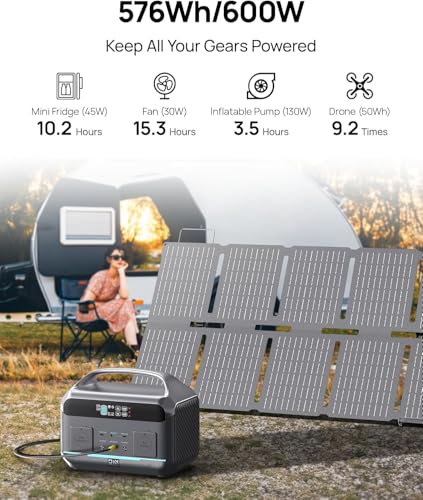 Image of Portable Power Station 600W (1200W Surge) with 100W Solar Panel Included, 576Wh LiFePO4 Electric Generator, 1Hr Fast Charging, 100W USB-C PD Output, Solar Power Bank for Home Emergency, Camping, CPAP
