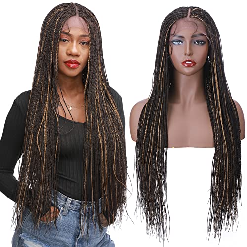 S-noilite Braided Wigs for Black Women Lace Front Micro Million Braid Senegalese Twist Braids Wig With Baby Hair Lightweight Synthetic Hair 28inch Long Straight Brown With Blonde Highlights S-noilite Braided Wigs for Black Women Lace Front Micro Million Braid Senegalese Twist Braids Wig With Baby Hair Lightweight Synthetic Hair 28inch Long Straight Brown With Blonde Highlights