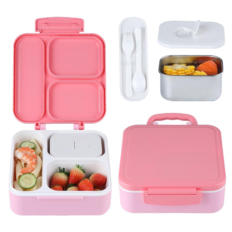 MEEYUU Bento Lunch Box with 330ML Soup Thermo Kids Leakproof Lunch Food Containers with 3 Compartment Kids Thermo Insulated Hot Food Jar for School Trvael (Pink)