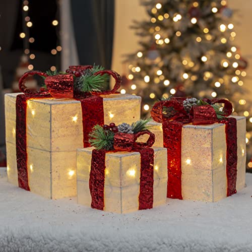 The Christmas Workshop Set of 3 Light-Up Christmas Boxes With Red...