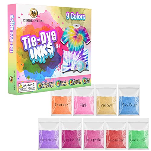Desire Deluxe TIE Dye INK - Set de 5/9/18 Colores de Tinta para Teñir Tela, Ropa - Arte Creativo Tie-Dye Actividad de Juegos para Adultos y Niños (Set de 9 Colores)