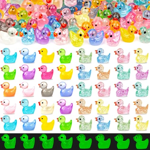 Image of FEXIA 100pcs Mini Ducks Glitter Resin Tiny Ducks Animals Figures to Hide Glow in the Dark Duck Figures for Dollhouse Aquarium Fairy Garden Decor