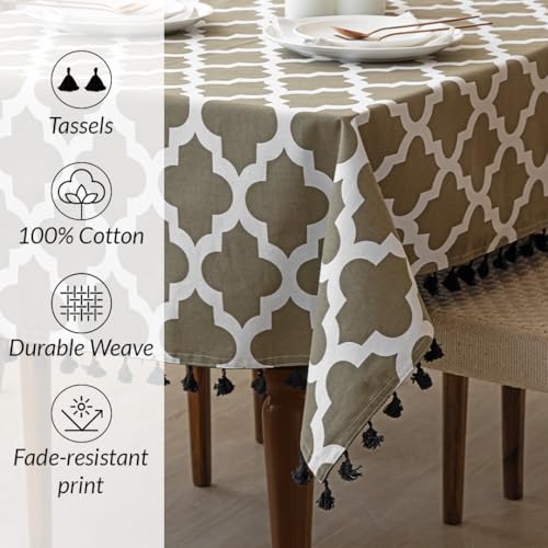 Image of HOMEMONDE Cotton Rectangular Dining Table Cover 4 Seater 40 X 60 Inch Printed Center Table Cloth With Decorative Fringes-(Grey,101 X 152 CM)